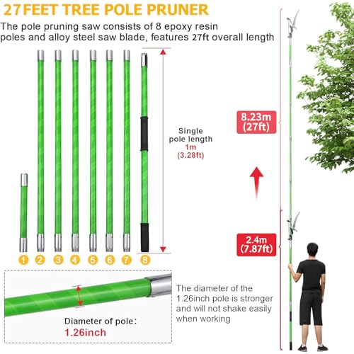 27 Feet Tree Pole Pruner Manual Branches Trimmer Tree Branch Garden Tools Loppers Hand Pole Saws Extendable Height Adustable System for Sawing and Shearing 27FT