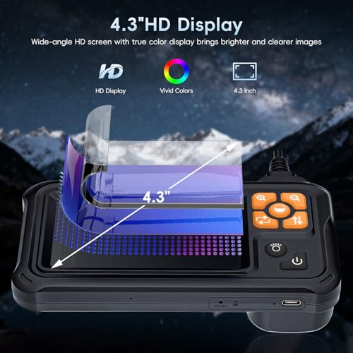 SKYBASIC Industrial Endoscope Borescope Camera with Light, 4.3'' HD Digital Handheld Waterproof Sewer Tools Snake Inspection Camera with 8 LED Lights 32.8FT Semi-Rigid Cable, Cool Gift Gadgets for Men