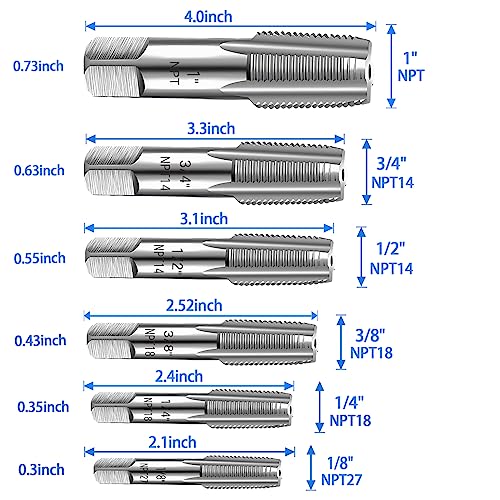 6-Piece NPT Pipe Tap Set, 1", 3/4", 1/2", 3/8", 1/4", 1/8" NPT Tap Set, Carbon Steel Hand Threading Plumbing Tap Set for Accurate Threads, Assorted Plumbers Mechanics DIY Thread cutting tools 6 pcs NPT Taps 1" 3/4" 1/2" 3/8" 1/4" 1/8