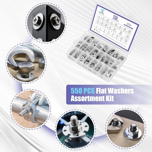550 Pcs Fender Washers Assortment Kit, 304 Stainless Steel Flat Washers Set for Screws and Bolts, SAE and Metric Sizes M3-M12, #6-#12, 1/4" to 1/2", Heavy Duty Hardware for Industrial and DIY Projects Fender Washers-550Pcs