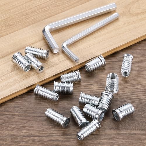uxcell 100 Pcs Threaded Insert for Wood, 1/4" - 20 Carbon Steel Threaded Studs Hex Socket Drive Nut Inserts Screw in Nut Fastener Connector with Hex Wrench 25mm Length for Home, Silver 1/4"-20x25mm