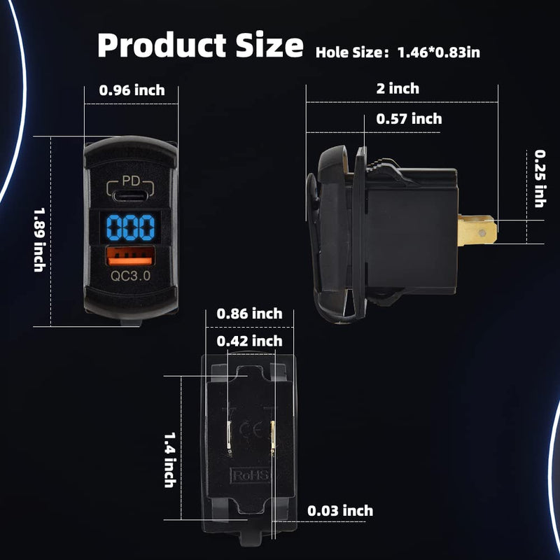 CNAODUN USB Rocker Switch USB C Charger Socket with Waterproof Cover Dual PD and QC3.0 12V/24V Blue Led Voltmeter for Rocker Type Marine Switch Panel On Marine Rv Vehicles… Type C+QC3.0