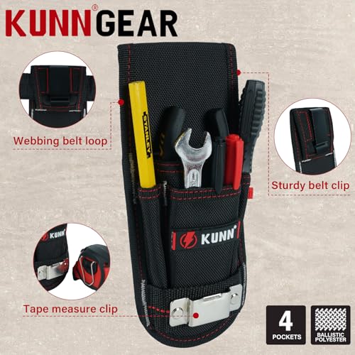 KUNN Firefighter 4-Pocket Tool Pouch Inside Turnout Coat Bunker Pocket Durable Tool Organizer Pocket with 2-Eyelet + Tool Pouch with Belt Clip, Utility Small Tool Organizer with Tape Measure Holder