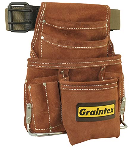 Graintex SS2976 10 Pocket Nail & Tool Pouch Brown Color Suede Leather with 2” Leather/Webbing Belt for Constructors, Electricians, Plumbers, Handymen