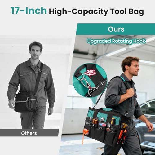 FamilyKit 17-Inch Heavy Duty Tool Bag for Men with 28 Multipurpose Pockets Black-Green Tool Bag
