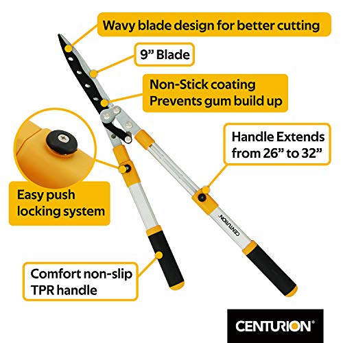 Centurion 75 Upgraded Telescoping Hedge Shears with 9-inch Wavy Blade and Extendable Handles for Trimming Borders, Shrub, and Tall Bushes (Length from 26" to 32")
