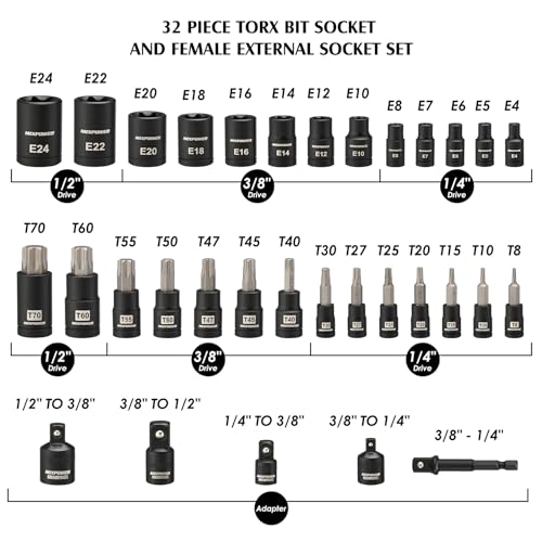 MIXPOWER 32PCS Torx Bit Socket Set, 14 Star Bits (T8-T70)& 13 E-Torx Sockets (E4-E24), CR-V & S2 Alloy Steel T8-T70,E4-E24(32PCS)