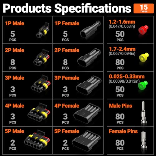 Ratchet Crimping Tool Kit with Crimper,18–14 AWG Wire Crimper, IP67 Waterproof Automotive Electrical Connectors 1/2/3/4/5 Pin & Terminal Removal Tools for Motorcycle, Marine, Boat Waterproof Connectors