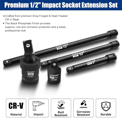 1/2" Drive Impact Socket Extension Set, 5-Piece Includes 5", 10", 15" Extension Bars, Universal Joint Socket and 1/2" to 3/8" Adapter, Black Phosphate Finish, Chrome Vanadium Steel 1/2" Drive - 5-Piece Extension Bar