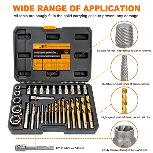 Screw Extractor Set, 37# Cr-Mo & 6542 HSS Steel Cobalt Left-Hand Drill Bit, Easy Out Broken Bolt Remover Reverse, Ez Out Stripped, Rounded-Off, Damaged Bolts, Screws&Studs Removal Tool (31-Pieces) 31-Pieces