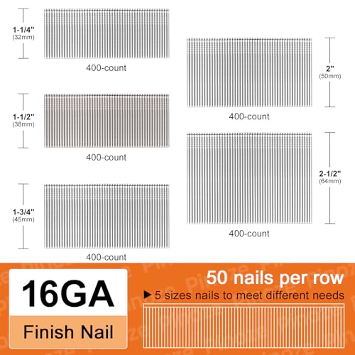 PINOZE 16 Gauge Finish Nails, 2000-Count (2-1/2", 2", 1-3/4", 1-1/2", 1-1/4") 16GA Galvanized Straight Finishing Nails Assorted Size for Framing Nail Gun Pneumatic, Electric Finish Nailer 2-1/2", 2", 1-3/4", 1-1/2", 1-1/4"