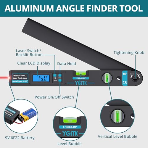 Digital Angle Finder 225° with Laser Guide, Backlit LCD & Bubble Levels