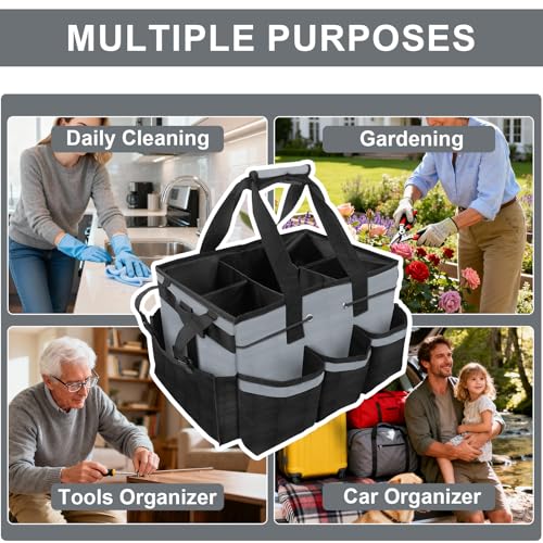 ALSLEA Large Cleaning Caddy Bag 15" x 10½" x 9" Heavy-Duty Organizer Tote for Home, Housekeepers, Janitors Cleaning Caddy for Cleaning Supplies with Shoulder Strap & Multiple Pockets (Gray) Gray