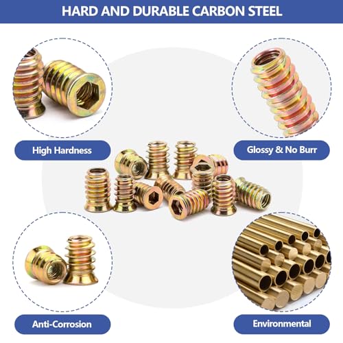 178Pcs Threaded Inserts for Wood,1/4"-20, 5/16"-18, 3/8"-16 10 Sizes Carbon Steel Inserts Kit,Hex Socket Threaded Screw Assortment with 3PCS Hex Wrench for Furniture 178Pcs Imperial Nuts