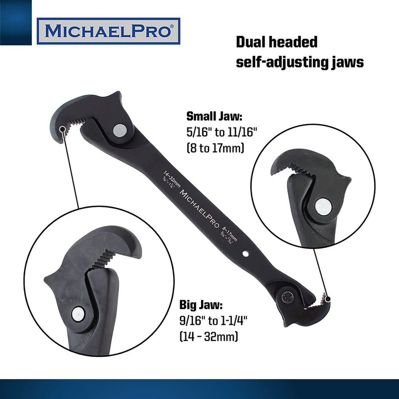 MichaelPro Dual Action Auto Size Adjusting Wrench, 5/16” to 1-1/4" (8 – 32mm) Self-Adjusting Quick Wrench, Multi-Size Spring | MP001206, Black 14-Inches