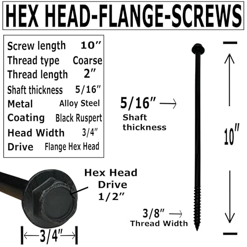 (10) 3/8” X 10” Black Hex Head Lag Wood Screws, Heavy Duty lag Bolts for Timber, Tree Houses, Fences by BRAUNY BOY HARDWARE -Qty 10