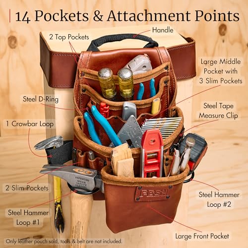 FESA Leather Carpenter Tool Pouch - 10-Pocket Heavy Top Grain Leather Carpenter Pouch with 2 Hammer Loops, Tape Clip, Large & Small Pockets - Fits Work Belts up to 3" - Handcrafted Cherry