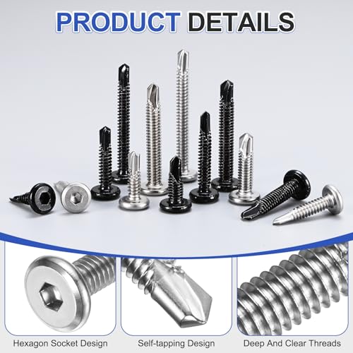 M METERXITY 100 Pack Hex Socket Self Tapping Screws, 1/4 x 1-5/8 Inch Flat Head Socket Cap Bolts 410 Stainless Steel Metal Sheet Drilling Screw for Home Repair Wood [Silver Tone] 1/4" x 1-5/8" Silver Tone