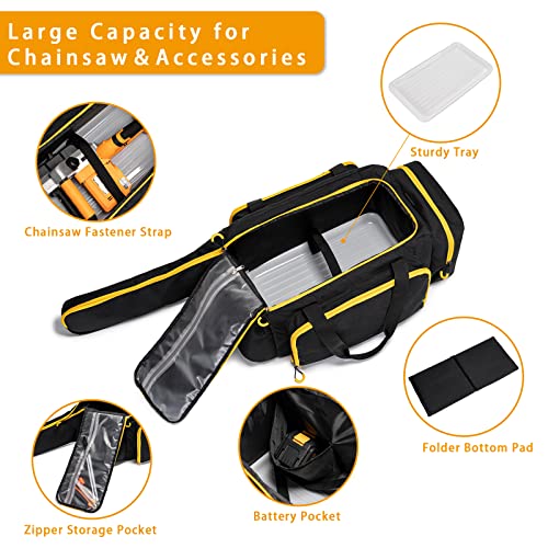 Chainsaw Case, Durable Chainsaw Bag with Removable Spill-proof & Wipe-clean Tray, Chainsaws Carrying Case Compatible with Greenworks, EGO Power+, Dewalt 14''/16''/18'' Cordless Chainsaws & Accessories Black With Yellow