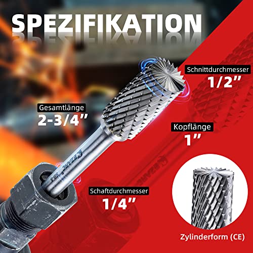 EZARC SB-5 Carbide Burr Cylinder Shape Double Cut 1/4" Shank | YG6 tungsten carbide 90 HRA, double cut for fast material removal, 2-3/4" length, 1/2" cutting diameter, 1" cutting length Single-Pack