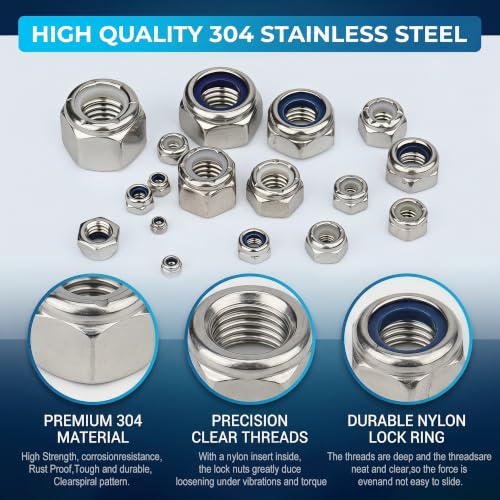 760PCS SAE & Metric Nylon Insert Lock Nuts Kit,Stainless Steel Locknuts Set