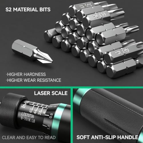 Torque Screwdriver,8-70 in.lb(1/4" Drive) Inch Pound Torque Wrench with S2 Steel Bits & Case - torque screwdriver for gunsmithing.