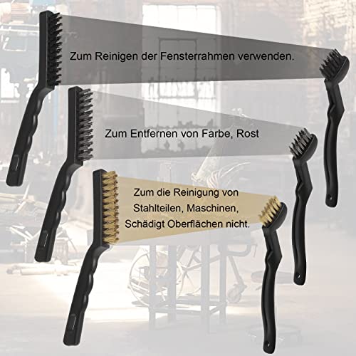 VASTOOLS Hand Wire Brush Set, 6 Pieces, 2 x Brass Wire Brush (Grill Brush), 2 x Stainless Steel Brushes, 2 x Nylon Brushes, for Removing Stubborn Residues and Rust Pack of 6