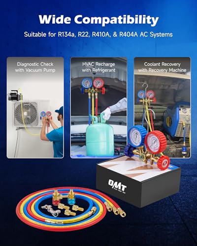 OMT 3-Way Auto AC Manifold Gauge Set for R134a R410A R404A R22, 5ft Hoses R134a R22 R410a R404a