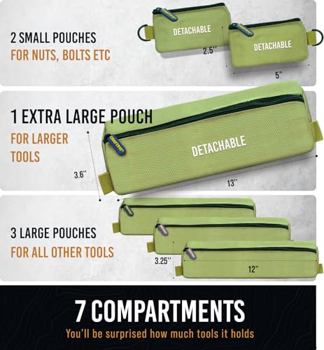 CRAFT911 Durable Tool Bag Organizers w/Detachable 6 Tool Pouches – Small Roll Up Bag | Compact & Lightweight Roll Up Tool Bag Organizer for Electrician, Mechanic, Hobbyist – Green