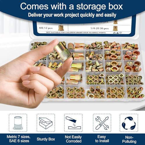 SAE & Metric Rivet Nut Assortment Kit 420Pcs Zinc Plated Certnut SAE & Metric Assortment - 420 Pcs Yellow