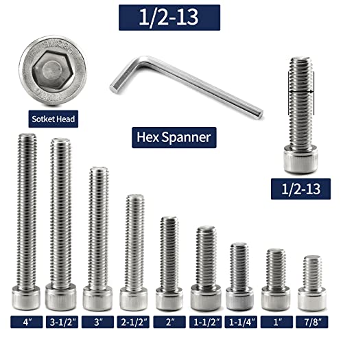 1/2-13 x 2 Socket Head Cap Screws Bolts, 20Pcs 304 Stainless Steel 18-8, Allen Socket Hex Drive, Full Thread, Bright Finish by SG TZH(with Hex Spanner)