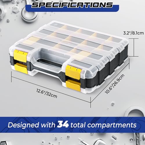 NATGAI 2 Pack Small Parts Organizers, 34-Compartments Double-Sided Tool Box with Removable Dividers for Hardware, Screws, Bolts, Nails & Fishing Accessories, Durable Plastic Storage Case (Yellow) Yellow