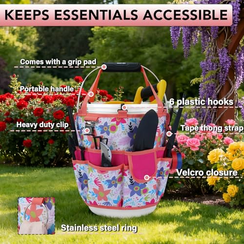 KUNN Garden Tool Waist Belt - 4 Deep Pockets Tool Apron for Women Men,Utility Pouch + 5 Gallon Bucket Organizer 18-Pocket Bucket Tool Bag with Hangable Handle
