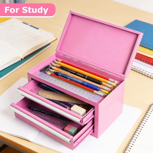 Mini Steel Tool Box with Drawers - Small Tool Chest for Small Item Storage Organizer - Portable Metal Toolbox Organizer with Tool Drawer (mini pink) mini pink