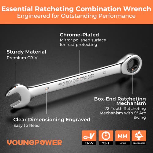 8-Piece Metric Ratcheting Combination Wrench Set, 72-Tooth, CR-V Steel 6mm-17mm