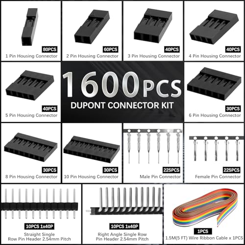 SN-58B Dupont Crimper, 1600PCS 2.54mm Dupont Connector Kit with Ratcheting Wire Crimping Tool, 23-16 AWG, 1/2/3/4/5/6/8/10 Pin Housings, Male Female Pins, Headers & Ribbon Cable