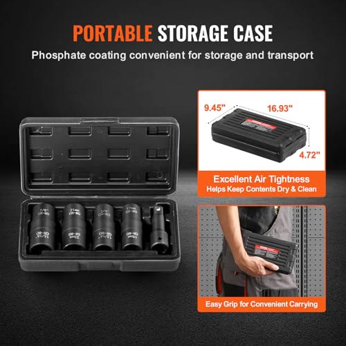 VEVOR Lug Nut Impact Socket Set 1/2-Inch Drive, 8-IN-4 Flip Socket Design, Covers Most Commonly Used SAE & Metric Wheel Nuts, CR-MO Steel 8-IN-4 Flip Design 1/2" 5PCS 6PT