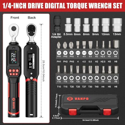 VANPO 1/4 Drive Digital Torque Wrench Set, 1.11-22.12 Ft.Lb, ±2% Accuracy 1/4-Inch (1.11-22.12 ft.lb/1.5-30 N.m)