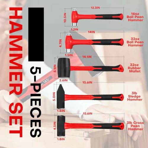 C&T 5-Piece Hammer Set, 16oz Ball Peen Hammer | 32oz Ball Peen Hammer | 32oz Rubber Mallet | 3lb Sledge Hammer | 3lb Cross Peen, Fiberglass Handle & Mallet Set 5pc