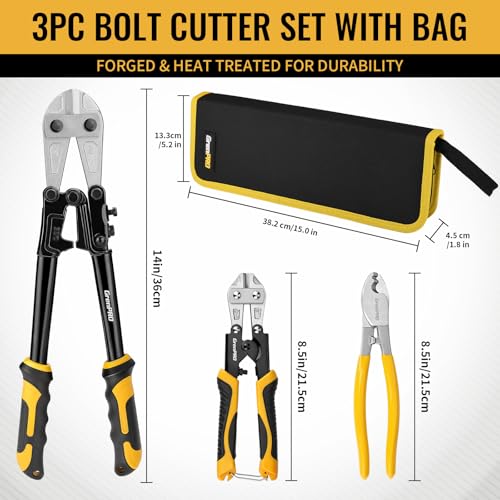 GRENPRO 3-Piece Bolt Cutter Pliers Set, 14", 8" Mini & 8" Wire Cable Cutters 3-Piece Bolt Cutter Set