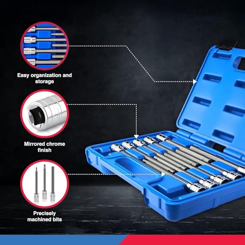 Neiko 10077A 3/8” Drive Metric Extra Long Allen Hex Bit Socket Set | 10 Pieces | Sizes 3mm – 10mm | Shaft Length 6” | Premium S2 Steel Bits | Heavy Duty Cr-V Sockets | Exceeds ANSI Standards 10 Piece