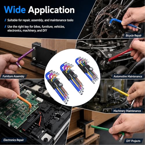 27 PCS Allen Key Set Torx SAE Metric Allen Wrenches Set Long Arm Ball End Hex Key Wrench Sets with T-Handle L-Hex Key Set Metric 1.5 to 10mm SAE 1/16 to 3/8″ Torx T10 to T50 27PCS Torx SAE Metric