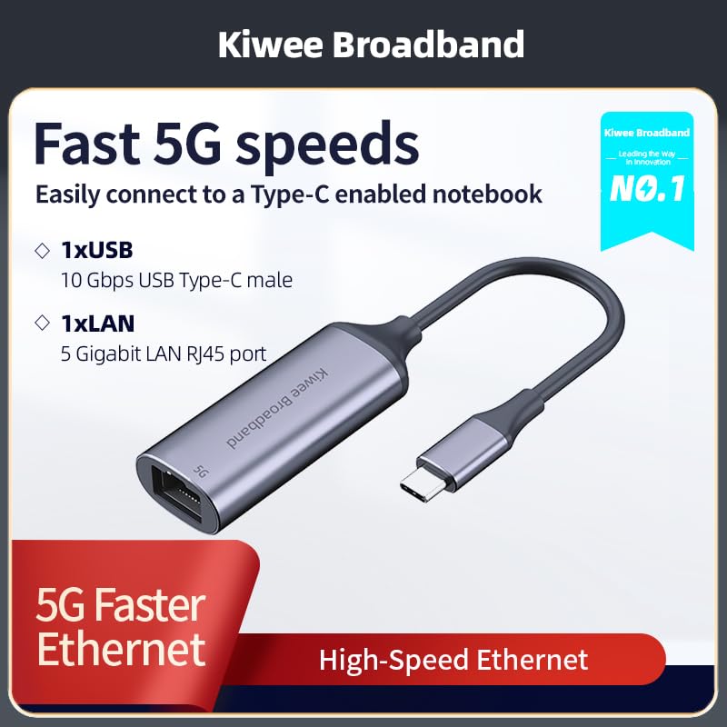 Kiwee Broadband USB C to Ethernet Adapter 5Gbps, Aluminum Thunderbolt 4/3, RJ45 LAN Network, Plug and Play, For MacBook Air/Pro, Dell XPS, iPhone 15, NAS, Windows Laptop, Chromebook, iPad Pro, Surface