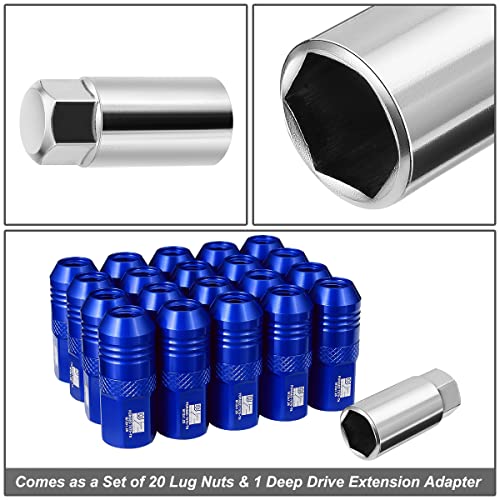 J2 Engineering J2-LN-T7-040-125-BL M12 x 1.25 T6-7075 Aluminum 50mm Open End Lug Nuts w/Deep Drive Extension Adapter,Blue,21mm x 50mm