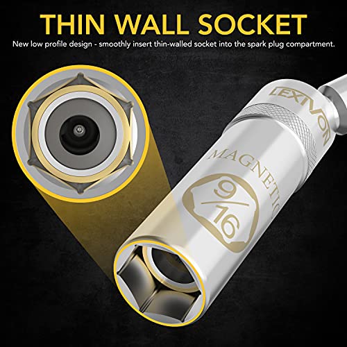 LEXIVON 9/16-Inch Spark Plug Swivel Socket, 3/8" Drive x 6" Total Length, Cr-v Steel + 3/8-Inch Drive Click Torque Wrench 10~80 Ft-Lb/13.6~108.5 Nm