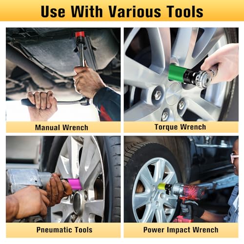 BOEN 1/2" Drive Wheel Protector Impact Socket, Non-Marring Lug Nut Thin Wall Deep Socket Set, CR-MO, 6 Point, Color-Coded Protective Socket | Metric 17 19 21 mm | SAE 13/16 7/8 inch (5 PCS) 5-Piece Metric/SAE