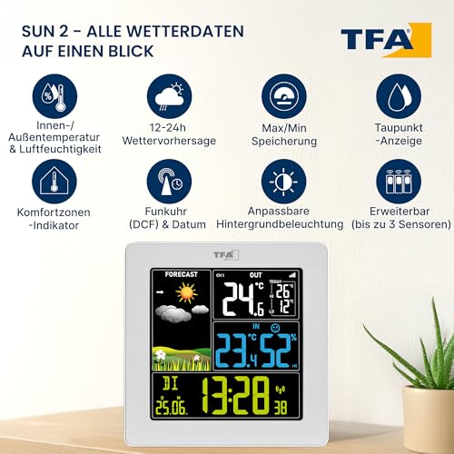 TFA Dostmann SUN2 35.1174 Digital Wireless Weather Station with Outdoor Sensor for Indoor and Outdoor Temperature, Large Color Display, with Living Climate, Includes Radio-Controlled Clock with Date, Hygrometer, with Power Adapter, White