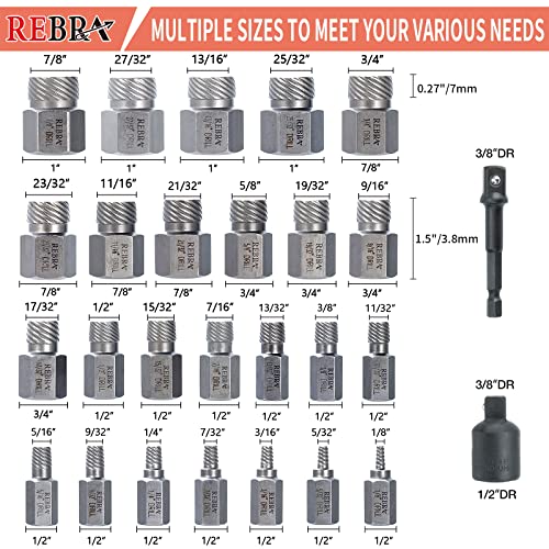 REBRA 27-Pieces Screw Extractor Set, 3/8" Inch Impact Double Head Easy Out Bolt Remover Kit, Hex Head Multi-Spline for Removing Stripped, Rounded, Damaged, Broken Screws, Bolts, Studs