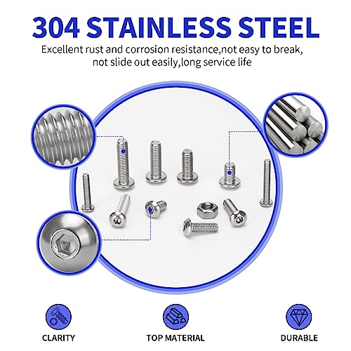 M3 M4 M5 Button Head Socket Cap Screws Bolts Flat Washers and Nuts Assortment Kit Socket Head Screws,304 Stainless Steel,Metric 880pcs 15sizes with 3 Allen (Hex) Keys,Latticed Packaging