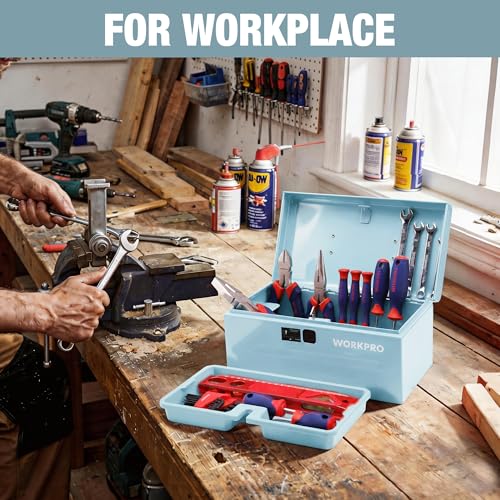 WORKPRO 10.8" Mini Metal Tool Box with Removable Tray Macaron Blue